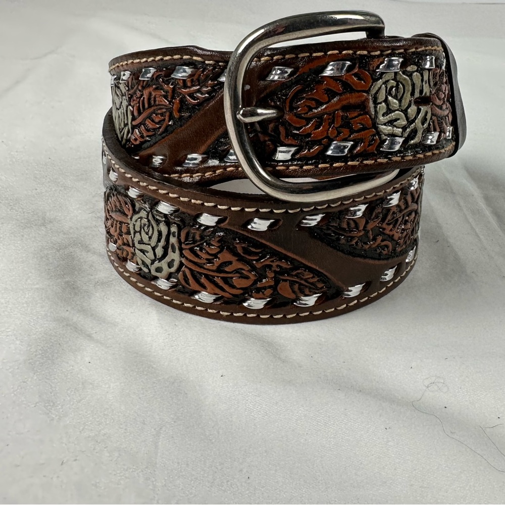 Leather Belt with Floral Tooled Carving Black Brown with Silver Stitch Size 32